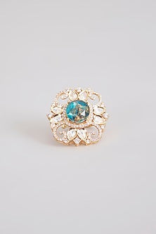 Gold Finish Turquoise Stone & Kundan Polki Ring