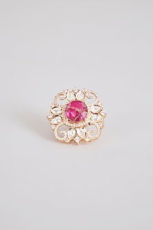 Gold Finish Pink Stone & Kundan Polki Ring
