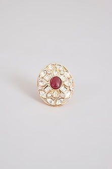 Gold Finish Red Stone & Kundan Polki Ring