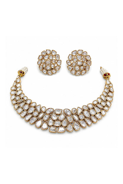 Micro Gold Finish Kundan Polki & Pearl Necklace Set