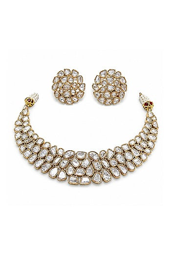 Micro Gold Finish Kundan Polki & Pearl Necklace Set