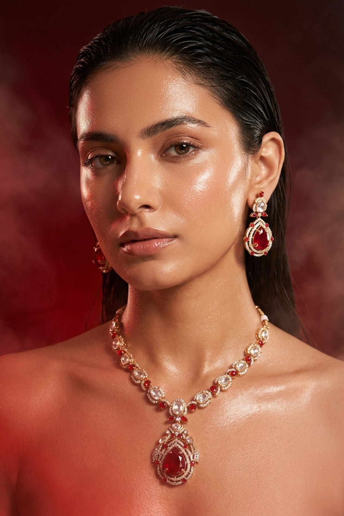 Micro Gold Finish Kundan Polki & Red Stone Necklace Set