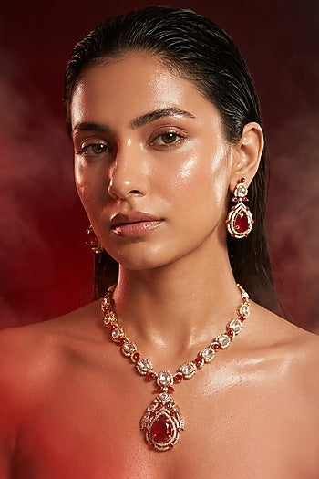 Micro Gold Finish Kundan Polki & Red Stone Necklace Set
