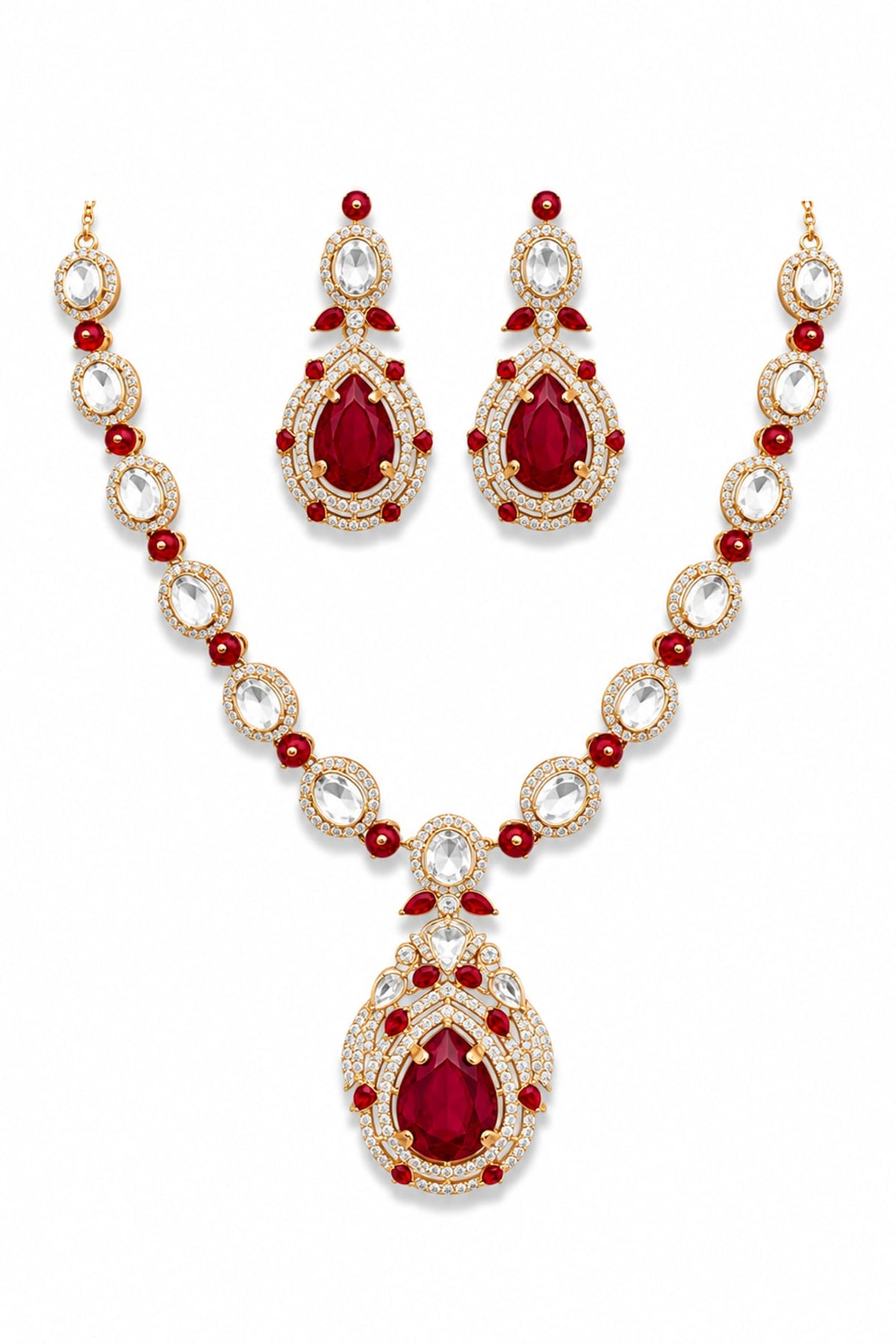 Micro Gold Finish Kundan Polki & Red Stone Necklace Set