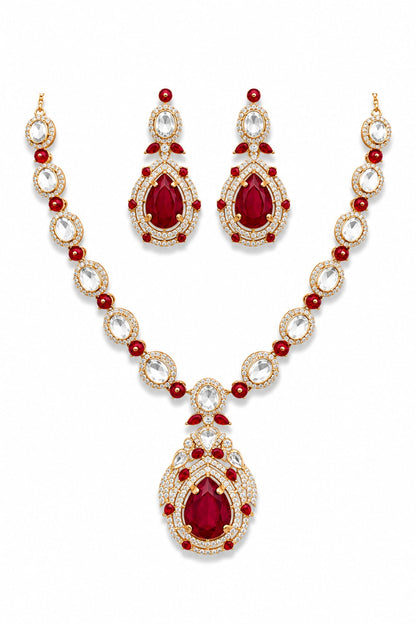 Micro Gold Finish Kundan Polki & Red Stone Necklace Set