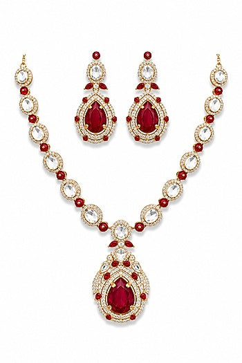 Micro Gold Finish Kundan Polki & Red Stone Necklace Set