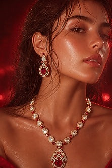 Micro Gold Finish Kundan Polki & Red Stone Necklace Set