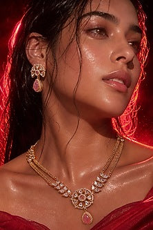 Micro Gold Finish Kundan Polki & Pink Stone Necklace Set