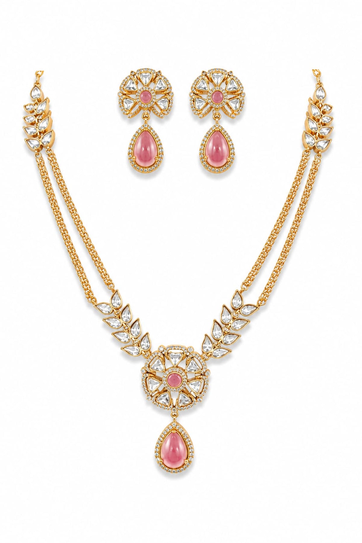 Micro Gold Finish Kundan Polki & Pink Stone Necklace Set