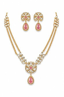 Micro Gold Finish Kundan Polki & Pink Stone Necklace Set