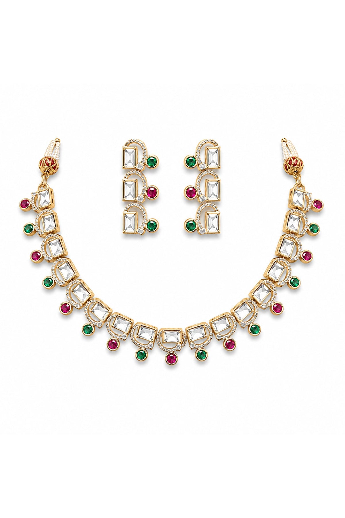 Micro Gold Finish Kundan Polki & Pearl Necklace Set