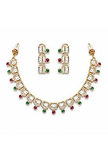 Micro Gold Finish Kundan Polki & Pearl Necklace Set