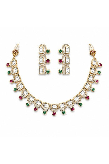 Micro Gold Finish Kundan Polki & Pearl Necklace Set