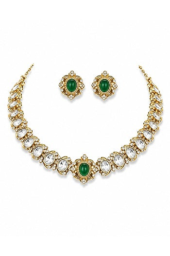 Micro Gold Finish Kundan Polki & Green Stone Necklace Set