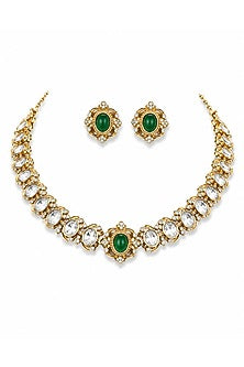 Micro Gold Finish Kundan Polki & Green Stone Necklace Set