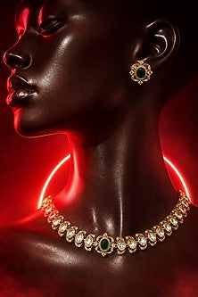 Micro Gold Finish Kundan Polki & Green Stone Necklace Set