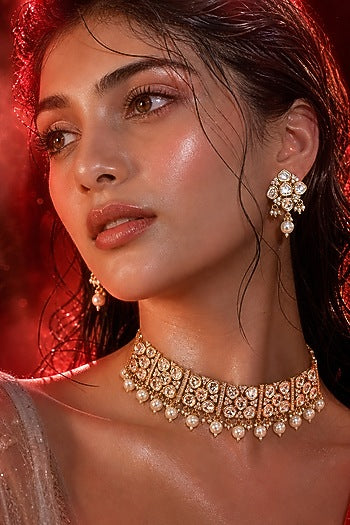 Micro Gold Finish Kundan Polki & Pearl Necklace Set