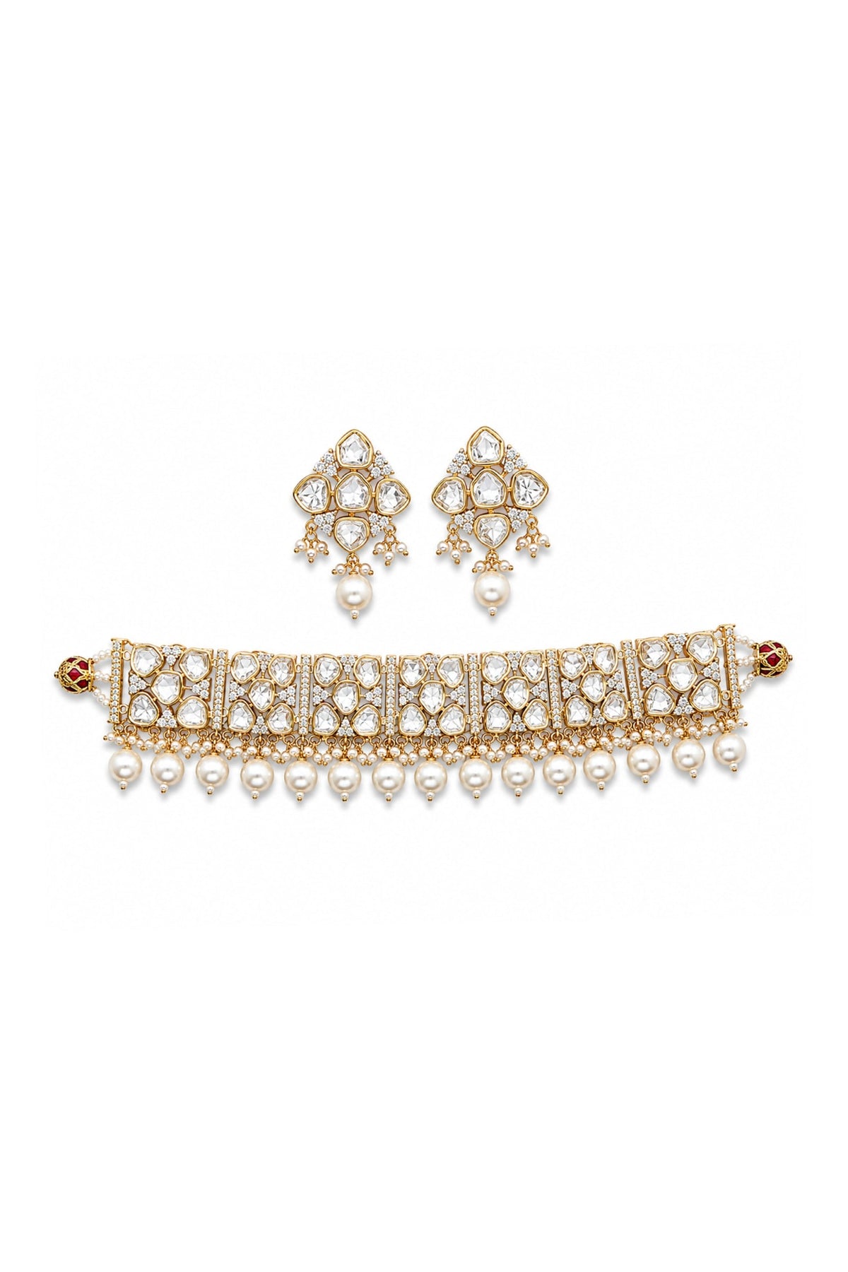Micro Gold Finish Kundan Polki & Pearl Necklace Set