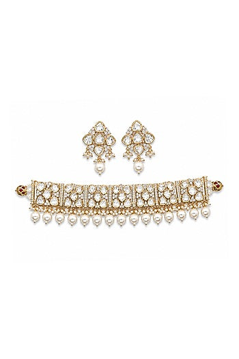 Micro Gold Finish Kundan Polki & Pearl Necklace Set