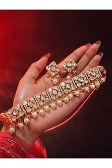 Micro Gold Finish Kundan Polki & Pearl Necklace Set