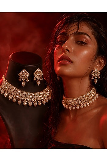 Micro Gold Finish Kundan Polki & Pearl Necklace Set