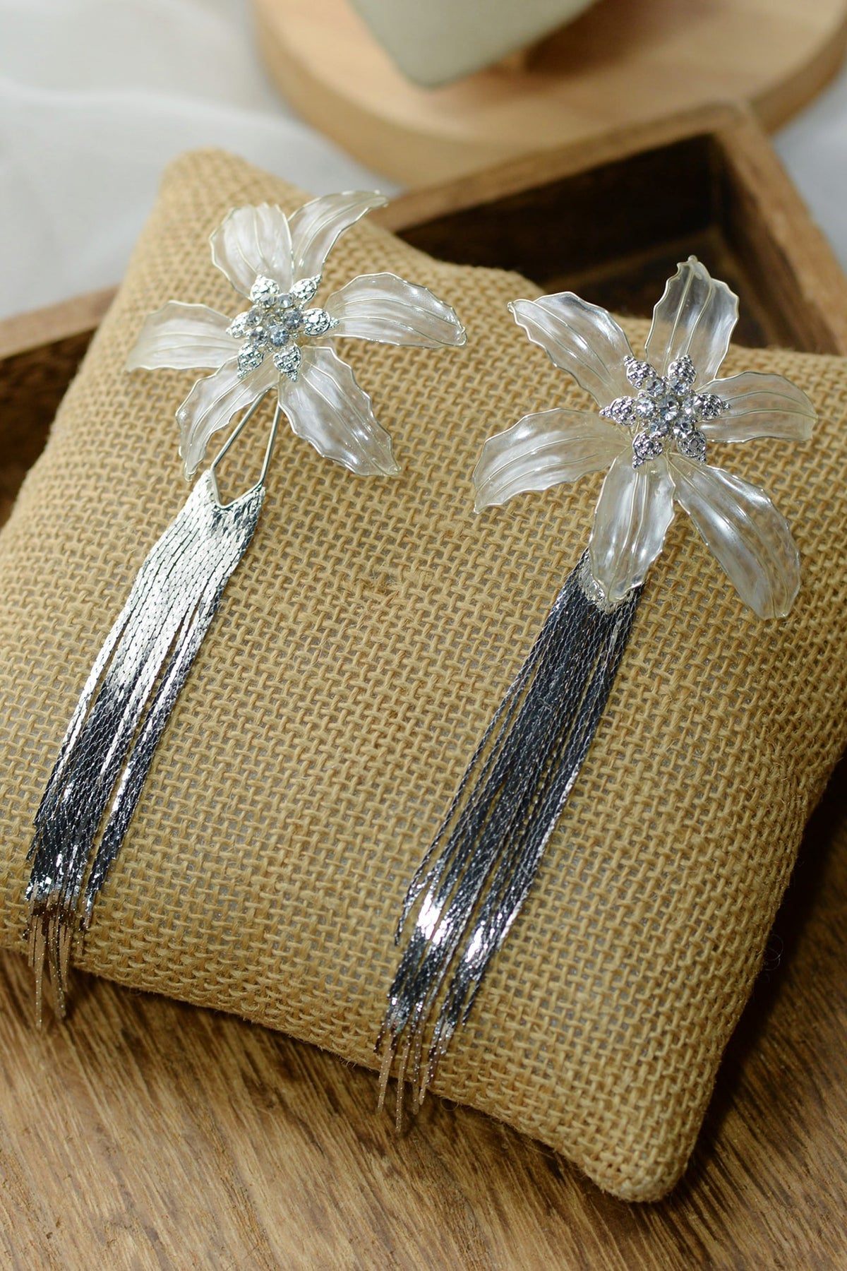 White & Silver Resin Push-Back Floral Earrings