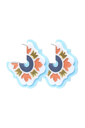 White & Blue Persian Mirror Hoop Earrings