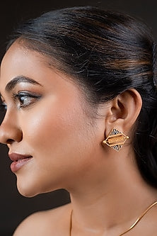 Gold Finish Semi-Precious Stone Lapis Lazuli Stone Stud Earrings In Sterling Silver