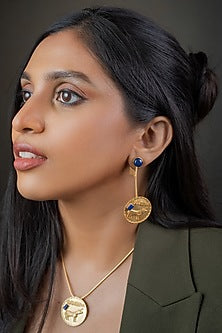 Gold Finish Lapis Lazuli Stone Dangler Earrings In Sterling Silver