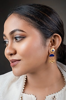 Gold Finish Semi-Precious Lapis Lazuli Stone Chandbali Earrings In Sterling Silver