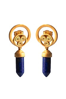 Gold Finish Semi-Precious Stone Lapis Lazuli Stone Dangler Earrings In Sterling Silver