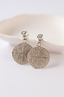 White Finish Inscribed Stud Earrings In Sterling Silver