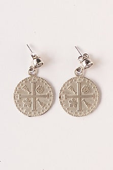 White Finish Inscribed Stud Earrings In Sterling Silver