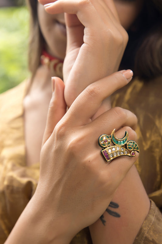 14kt Yellow Gold 24kt Natural Ruby & Emerald Polki Ring