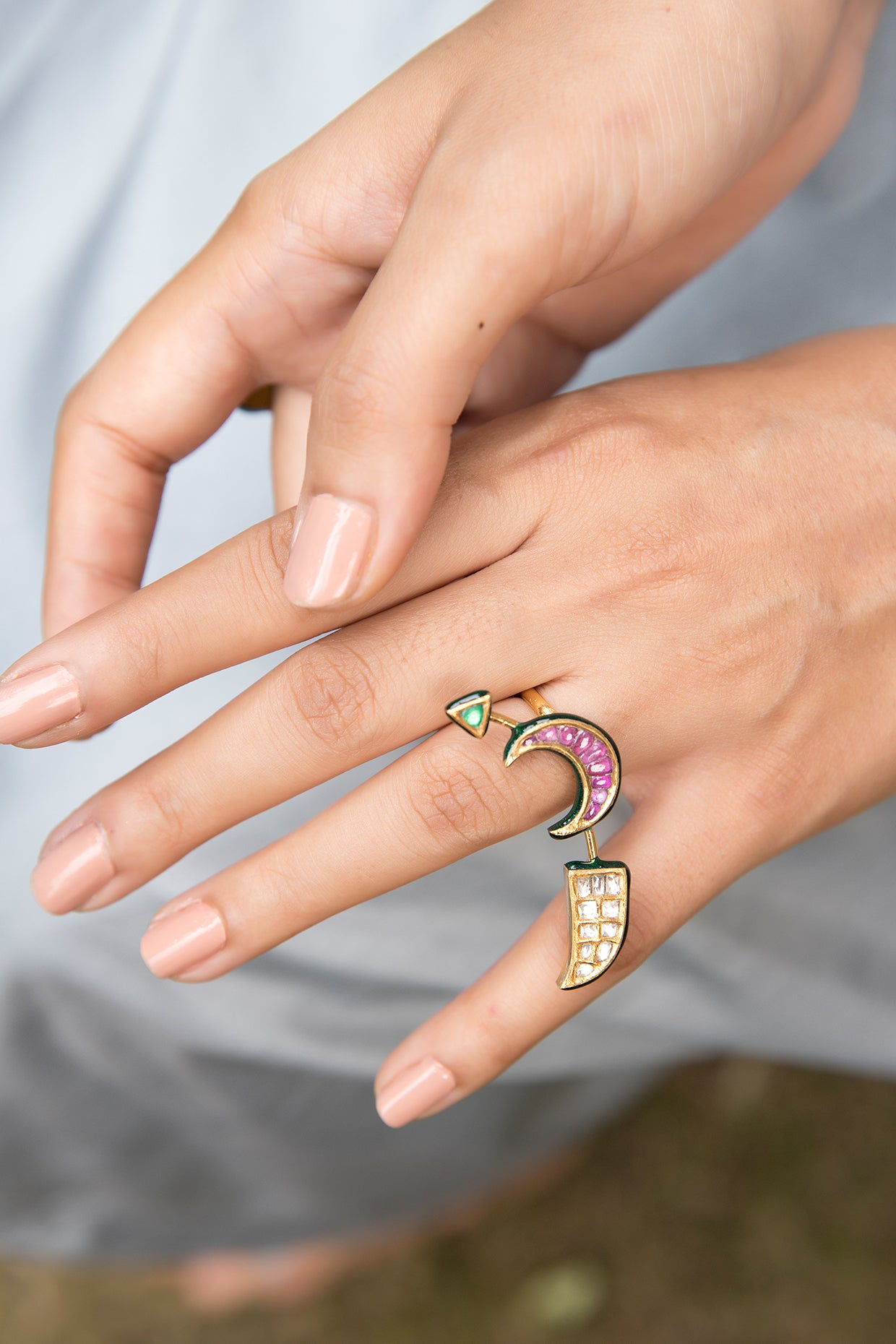 14kt Yellow Gold 24kt Natural Ruby & Emerald Polki Ring