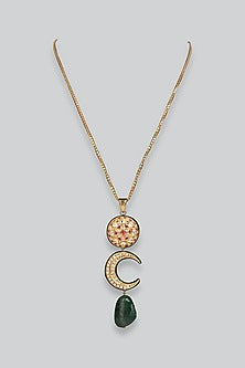 14kt Yellow Gold 24kt Natural Emerald & Polki Diamond Crescent Medallion Long Necklace