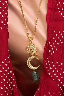 14kt Yellow Gold 24kt Natural Emerald & Polki Diamond Crescent Medallion Long Necklace