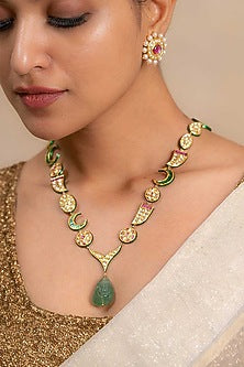 14kt Yellow Gold 24kt Natural Polki Diamond & Aventurine Stone Drop Long Necklace