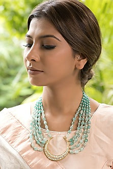 14Kt Yellow Gold 24kt Natural Polki Diamond & Ombre Freshwater Pearl Crescent Long Necklace