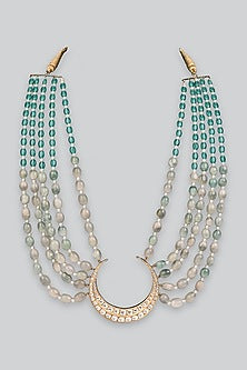 14Kt Yellow Gold 24kt Natural Polki Diamond & Ombre Freshwater Pearl Crescent Long Necklace