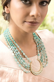 14Kt Yellow Gold 24kt Natural Polki Diamond & Ombre Freshwater Pearl Crescent Long Necklace
