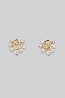 14kt Yellow Gold 24kt Natural Polki Diamond & Pearl Stud Earrings