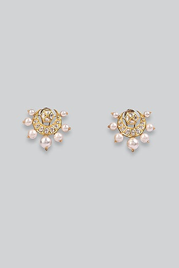 14kt Yellow Gold 24kt Natural Polki Diamond & Pearl Stud Earrings