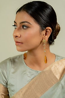 14kt Yellow Gold 24kt Natural Polki Diamond & Thermal Yellow Topaz Drop Dangler Earrings