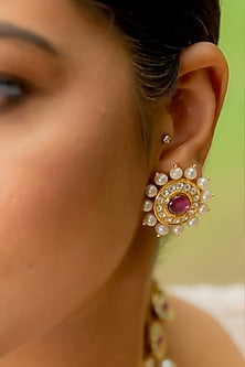 14kt Yellow Gold 24kt Natural Ruby & Emerald Polki Stud Earrings