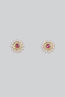 14kt Yellow Gold 24kt Natural Ruby & Emerald Polki Stud Earrings