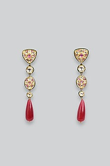 14kt Yellow Gold 24kt Natural Polki Diamond & Natural Ruby Dangler Earrings