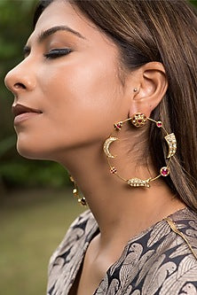 14kt Yellow Gold 24kt Natural Polki Diamond & Natural Ruby Oversized Hoop Earrings