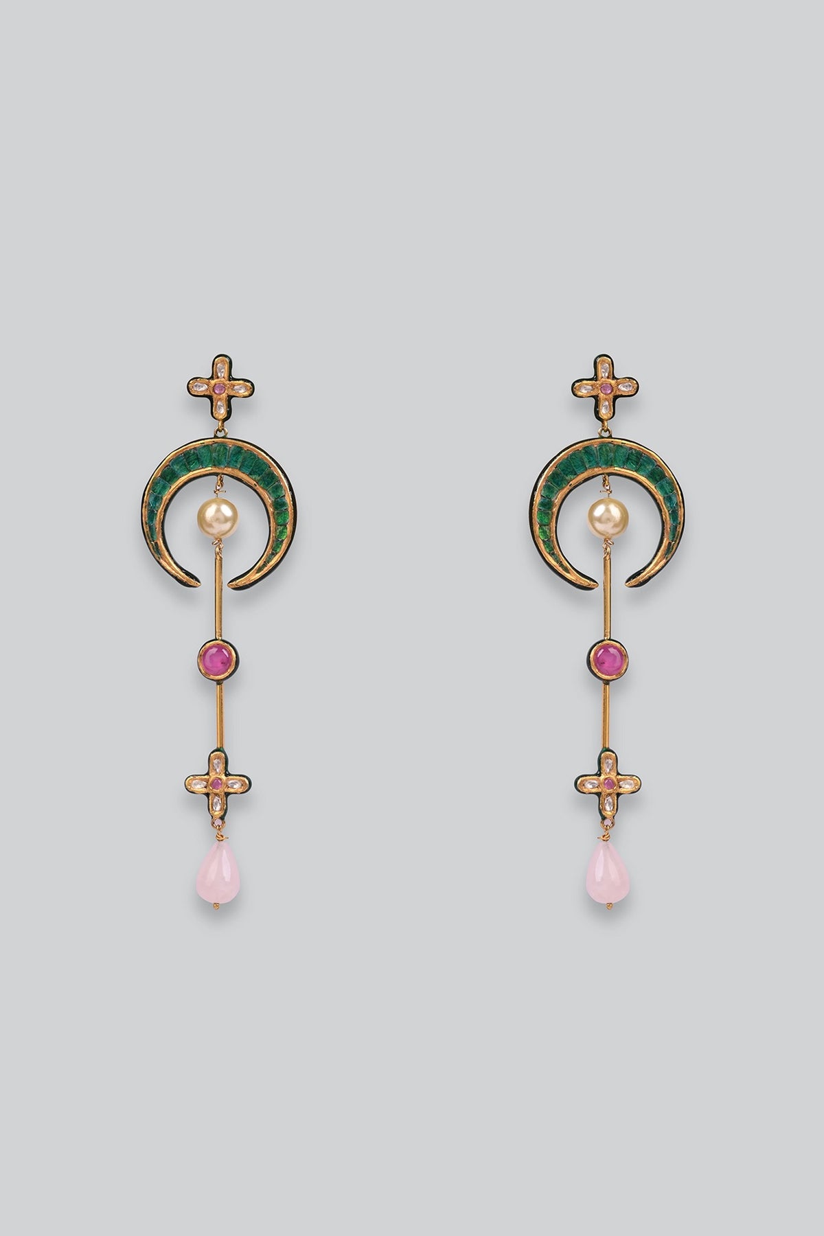 14kt Yellow Gold 24kt Natural Ruby & Emerald Polki Dangler Earrings