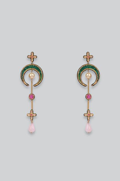 14kt Yellow Gold 24kt Natural Ruby & Emerald Polki Dangler Earrings